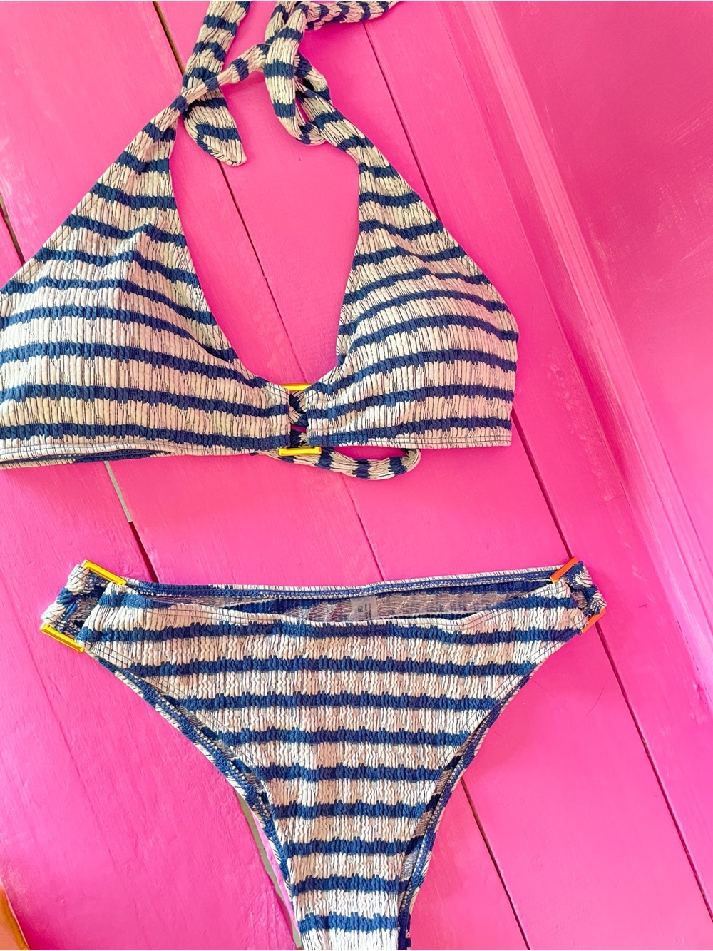 SHEIN Navy and White Striped Textured Halter Bikini